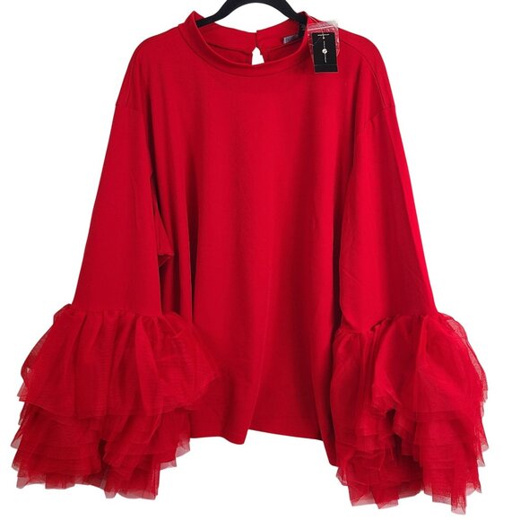 Ashley Stewart Tops - Ashley Stewart Red Tulle Bell Sleeve Blouse Professional Statement Top Sz 34/36